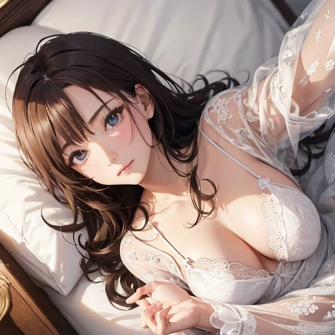(One Girl:1.3), Cinematic Light, (masterpiece, Highest quality, Highest quality, Official Art, beautifully、beautiful:1.3), Very detailed,Most detailed,(Very detailed),((Very delicate and beautiful)),
From above,(( Lying in bed)),
alone, chest, Silky long hair, (Brown Hair),
Light blue micro lace nightwear, 開いたchest,33 years old、Charm、Tempting、Functional