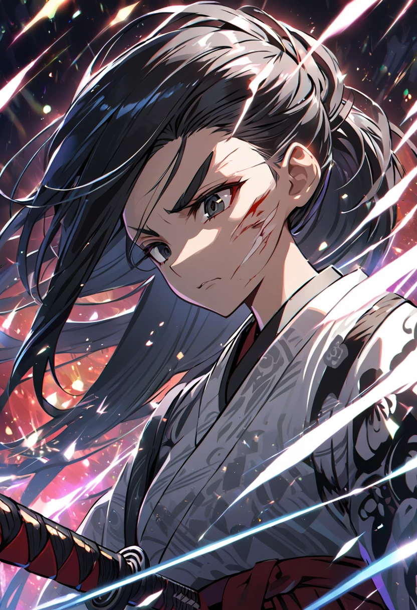 (clair obscur), Dutch angle,ronin girl,ripped white kimono, hakama, bleeding from the forehead, black eyes, thick eyebrows, half eyebrows up, eyes half open, Squint, forhead, black hair, asymmetrical hair, serious face, Sparkling Glitter, a drawn katana