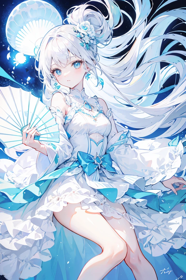 elegant，Holding a folding fan，(Soft colors), (muted colors), (high quality render), light blue moon jellyfish personified, dainty, pearls, white color theme, ((illustration))