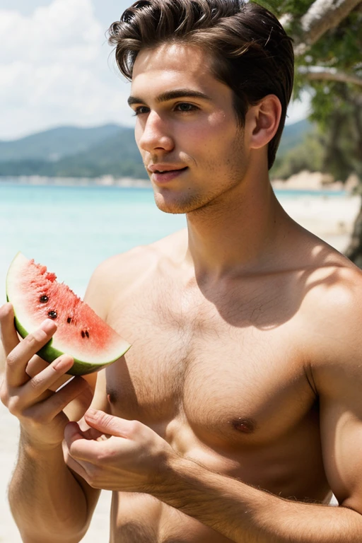 Young handsome cute face beautiful white skinny shirtless man eating sliced watermelon holding in hand