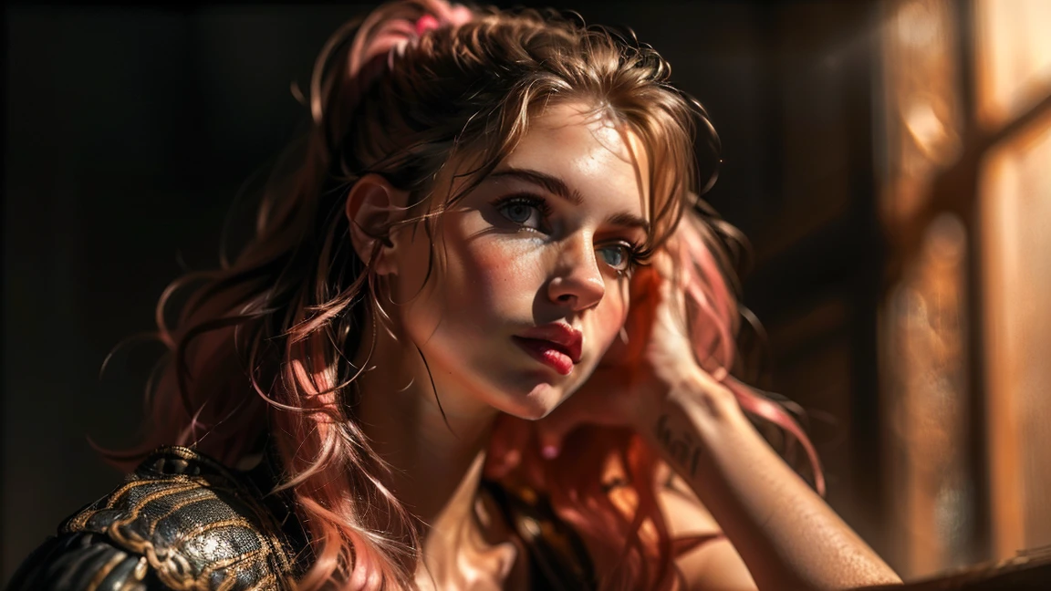 (((ultra realistic))) Photo, masterpiece, top quality, (pale skin), (Ultra detailed face and eyes:1.3), 1 girl, Adult, In Lifchik, ((Eye makeup, pink mascara)), ((large detailed lips)), ((pink wavy hair)), ((Stylish hairstyle)) , (Natural ), Slim waist. ((Posing, Hand on face)), photoshoot, Studio soft lighting, (The play of light and shadows), depth of field, bokeh, (special attention to skin detail: 1.2), Detailed leather texture, skin pores. (Warm atmosphere of the frame. color scheme - black, Yellow, Tones), ((Grunge style)) , UDR, ((Film grain)), ((rays)), (Glare), ((waist up portrait, close to the camera)) , ultra detailed, perfecteyes, priestess clothes