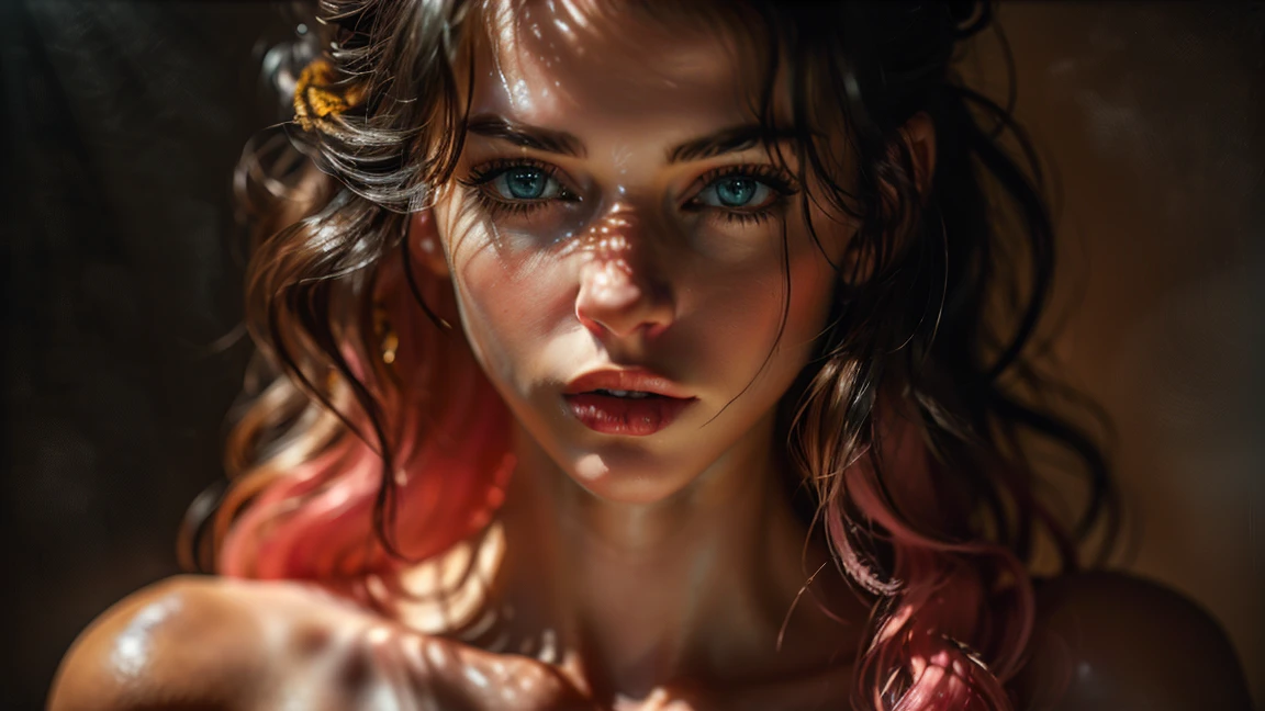 (((ultra realistic))) Photo, masterpiece, top quality, (pale skin), (Ultra detailed face and eyes:1.3), 1 girl, Adult, In Lifchik, ((Eye makeup, pink mascara)), ((large detailed lips)), ((pink wavy hair)), ((Stylish hairstyle)) , (Natural breasts), Slim waist. ((Posing, Hand on face)), photoshoot, Studio soft lighting, (The play of light and shadows), depth of field, bokeh, (special attention to skin detail: 1.2), Detailed leather texture, skin pores. (Warm atmosphere of the frame. color scheme - black, Yellow, Tones), ((Grunge style)) , UDR, ((Film grain)), ((rays)), (Glare), ((waist up portrait, close to the camera)) , ultra detailed, perfecteyes, priestess clothes