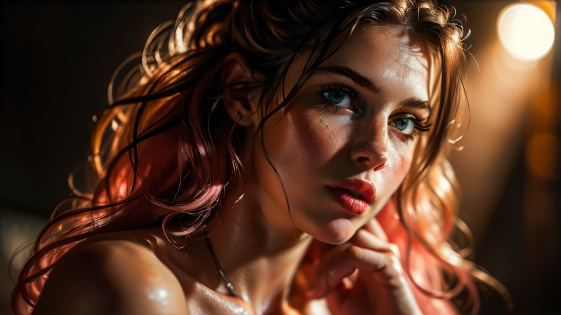 (((ultra realistic))) Photo, masterpiece, top quality, (pale skin), (Ultra detailed face and eyes:1.3), 1 girl, Adult, In Lifchik, ((Eye makeup, pink mascara)), ((large detailed lips)), ((pink wavy hair)), ((Stylish hairstyle)) , (Natural breasts), Slim waist. ((Posing, Hand on face)), photoshoot, Studio soft lighting, (The play of light and shadows), depth of field, bokeh, (special attention to skin detail: 1.2), Detailed leather texture, skin pores. (Warm atmosphere of the frame. color scheme - black, Yellow, Tones), ((Grunge style)) , UDR, ((Film grain)), ((rays)), (Glare), ((waist up portrait, close to the camera)) , ultra detailed, perfecteyes, priestess clothes