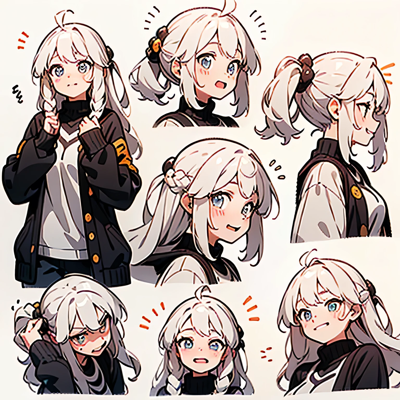 21 years old, Gray hair, Two long hairs, beautiful eyes, (((Smiley Face, Flirting face, Excited face, Shy face))), (((Detailed character list, Front view, side view, Three-quarter view))) (((White background))), A character, Adult women (1), Medium breasts, Delicate face, closeup shot of face,
