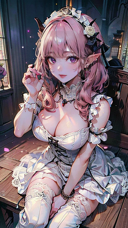 (masterpiece, Highest quality:1.3), (Very detailed:1.2), (hyperRealistic:1.3), (RAW Photos:1.2), High resolution raw color photos, Professional photos, (PhotoRealistic:1.4), (Realistic:1.4), (Pink Hair:1.5), Professional Lighting, Perfect Anatomy, (Big Breasts:1.3), (blush, Detailed face), (Bright smile:1.5), Trending Hair&Trending Hairカラーをランダムに, Earrings, necklace, bracelet, sexy, erotic sexy, ランダムなsexyなグラビアポーズ, (Beautiful cosplayer in a pink and white gothic ta dress、The mysterious smile of an old church、Blue rose in hand。Lace headdress on head、She is wearing white boots。: 1.3)、Succubus、devil、It has two reddish-black horns on its head..、two horns on the head,