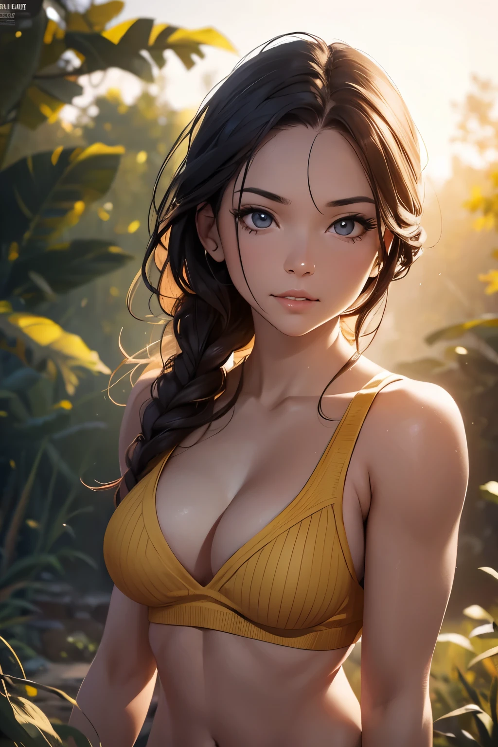 fitness girl, standing, relaxed arms, detailed face, beautiful eyes, full lips, long eyelashes, muscular toned body, sweater, nature background, golden hour lighting, cinematic, photorealistic, 8k, hyper realistic, award winning photograph