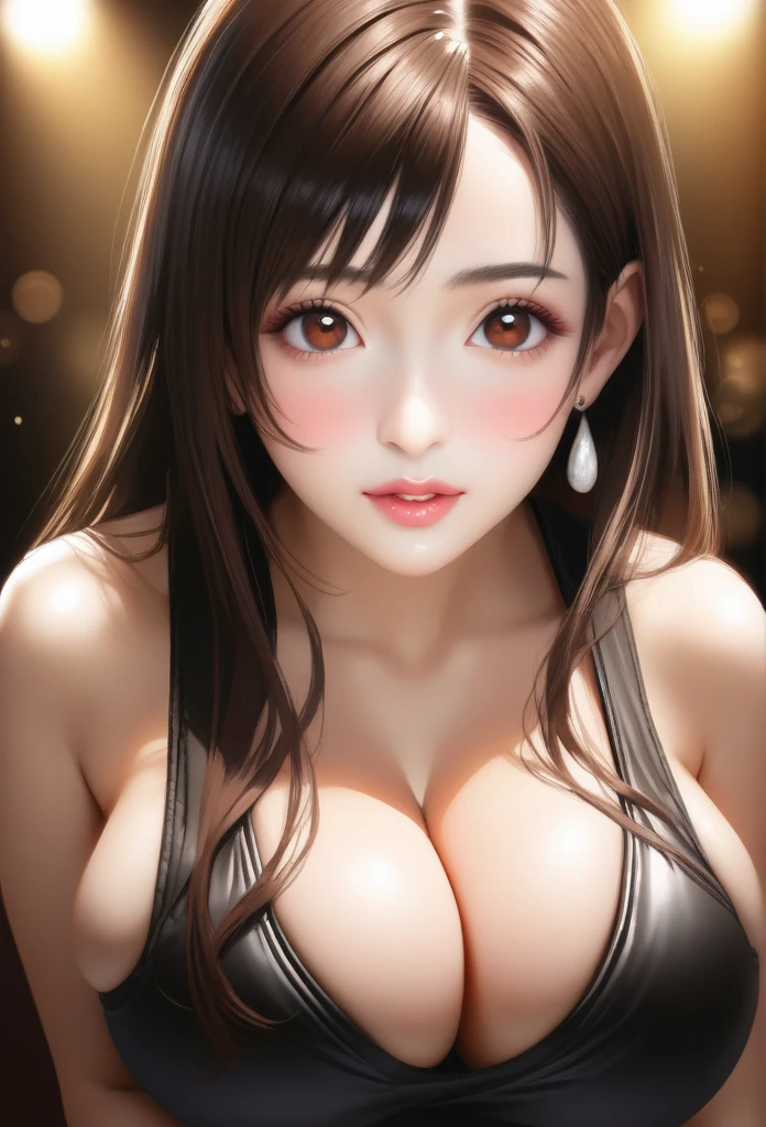 score_9、score_8_up、score_7_up、One girl、Hyperrealism Style、Photorealism Style、Real、Big Breasts:1.2、lips、Upper Body、Long Hair、Gazing at the audience、blush、bangs、Brown Hair、Brown eyes、Narrow eyes、Earrings、fixed、No fixes、(TifaがBlowjob)、Tifa(FF7),((Tifa ロックheart))、Huge penis with visible veins、testis、sense of awe、Perfect Eyes、Penis Focus、heart、Breast compression、Blowjob、blush、Detailed eyeature Woman、High resolution、high quality、最high quality、masterpiece、HDR、Volumetric lighting、Highest production valueasterpiece、Beautiful Face、