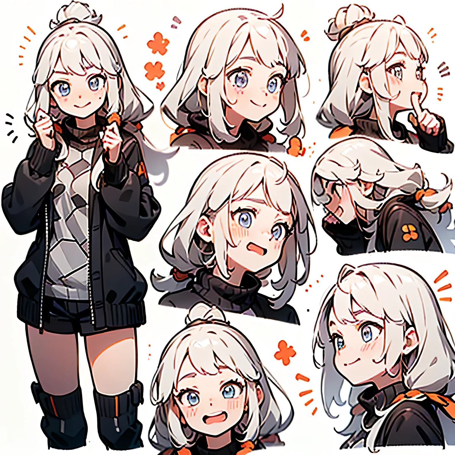 21 years old, Gray hair, Two long hairs, beautiful eyes, (((Smiley Face, Flirting face, Excited face, Shy face))), (((Detailed character list, Front view, side view, Three-quarter view))) (((White background))), A character, Adult women (1), Medium breasts, Delicate face, closeup shot of face,