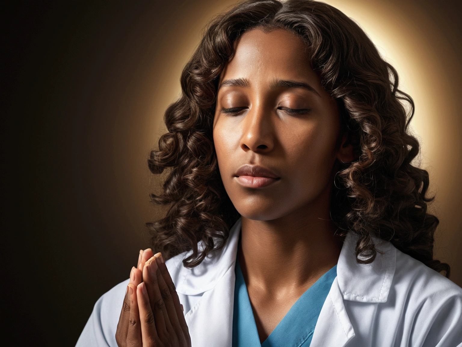 "Please create a hyper-realistic photographic image depicting a scene of Jesus Christ with a young 30-year-old female doctor with dark skin and curly hair, praying with closed eyes to God. Their expressions convey tranquility and lightness, showcasing curiosity and contentment. The photograph is extremely realistic, featuring specular lighting, volumetric light, and visible shadows, emphasizing intricate details. The image is elaborate and hyper-realistic, capturing the cultural richness of the time and the emotion of the moment."