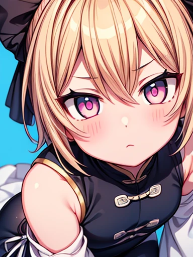 Wuxia,{{{BOY}}}, otokonoko, adorable face, shota, male, white skin, pink eyes, thicc thighs, short beautiful blonde hair,wearing a very long white chinese dress with blue pattern, black leggings, close up,blue background