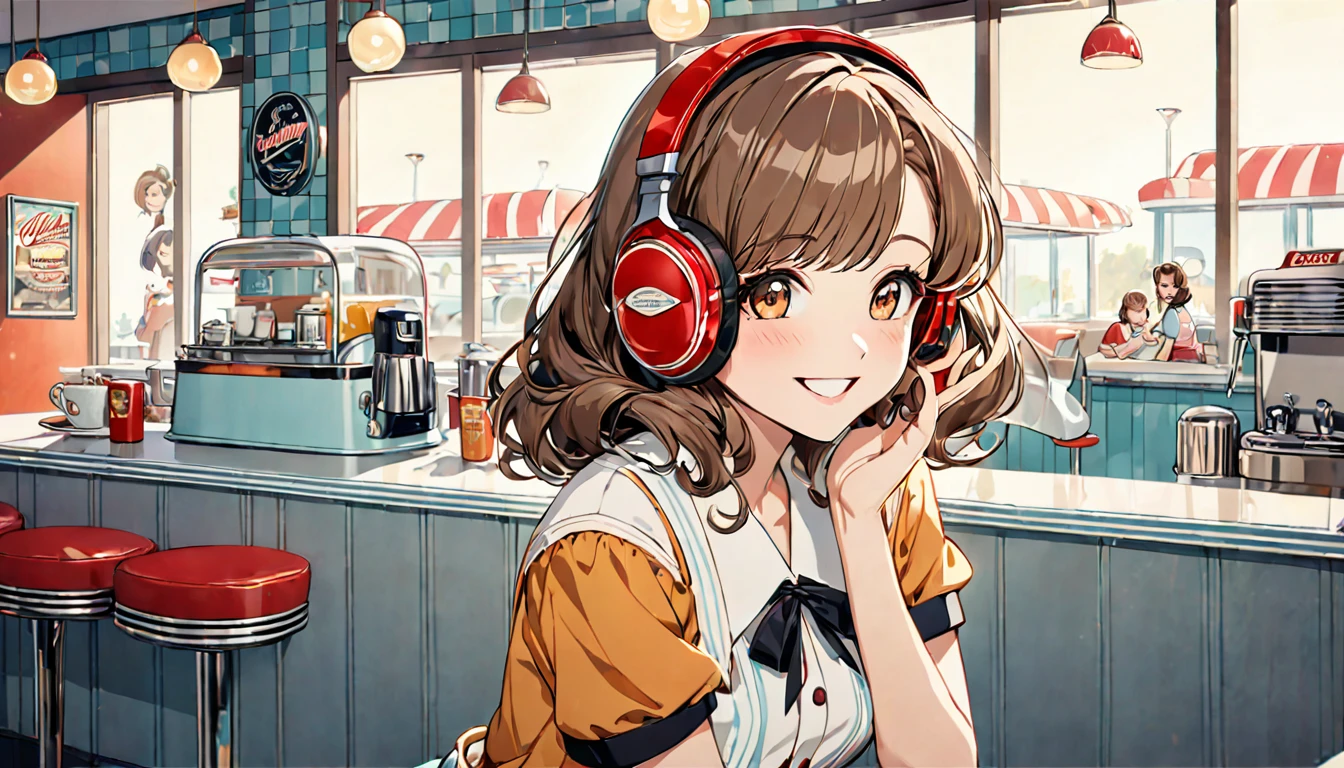 Brown-haired girl wearing headphones、Retro diner highly detailed、masterpiece, Highest quality, Light background:Interior view of a 1950s style diner:Happy smiling costume:Casual diner style pose:Drinking coffee at the counter:Diner with classical music
(Detailed fingers), (Emotional), (Breathtakingly beautiful), (main part:1.2 Whole body), (Anime Style), (Very detailed), (超High resolution, High resolution), (8k), (Complex and beautiful: 1.2)