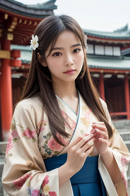 1girl, solo, long_hair, looking_at_viewer, brown_hair, hair_ornament, photoshop_(medium), long_sleeves, original, brown_eyes, standing, flower, upper_body, japanese_clothes, outdoors, day, hair_flower, wide_sleeves, kimono, blurry, lips, depth_of_field, blurry_background, floral_print, own_hands_together, building, realistic, nose, photo_(medium), architecture, east_asian_architecture, shrine