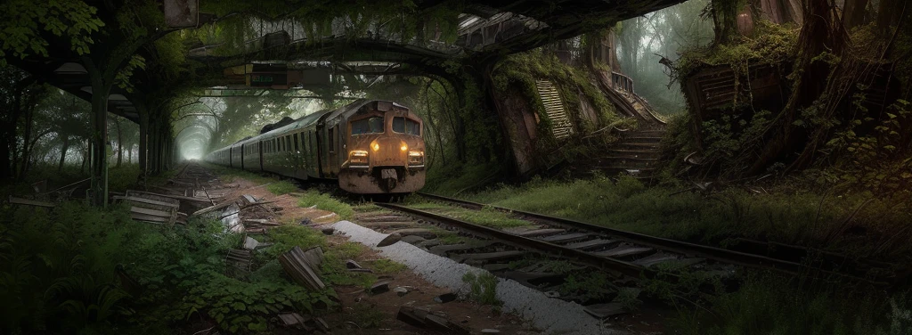 There is a train running under a bridge in the woods, abandoned railroad, an abandoned rusted train, abandoned railroads, Overgrown environment, Overgrown place, Post-apocalyptic atmosphere, an Overgrown, Overgrown, vegetation inspiration, Overgrown city, abandoned, Realistic dark concept art, dieselpunk train station, post apocalyptic scene, Post-End Day Setting