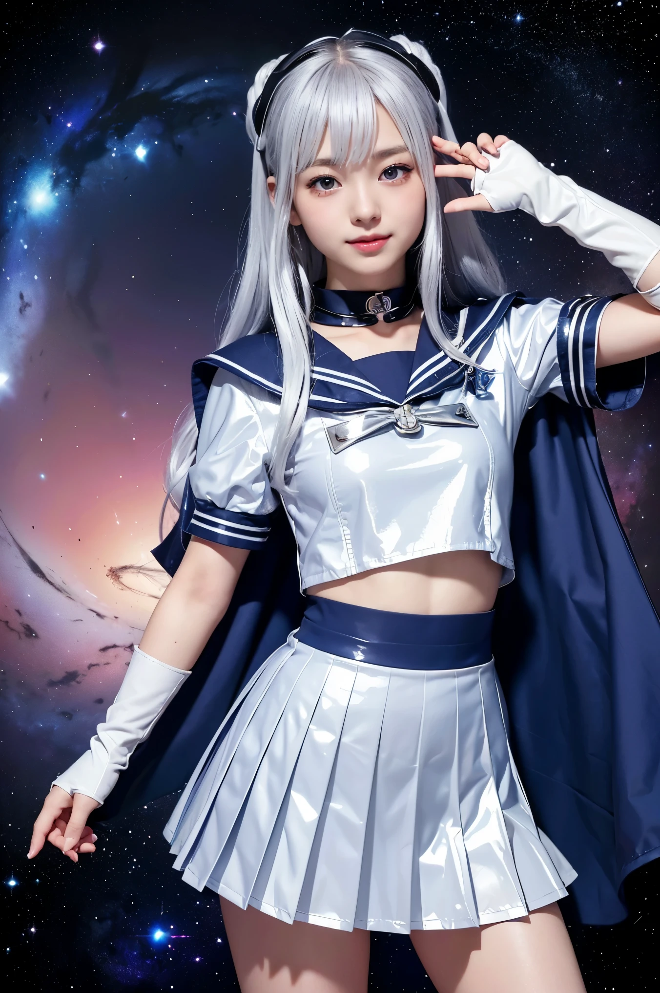 (((Silver colored hair)))、(((A 14-year-old Japanese girl wearing a shiny short-sleeved sailor uniform with elbow gloves and a cloak over it.,smile)))、(((Silver latex sailor collar)))、(((Silver latex pleated skirt)))、choker、Earrings、ribbon、((belly button))、 (((Sailor Warrior Uniforms)))、、Beautiful ornaments: 美しいPerfect Face, Soft Skin、Perfect Face, Intricate details, Splash screen, 8k resolution, masterpiece, Cute Face、(((Space Background)))、Queen of Queenasterpiece, Highest quality, Highest quality, Official Art, Beauty and aesthetics: 1.2), (One girl: 1.3)