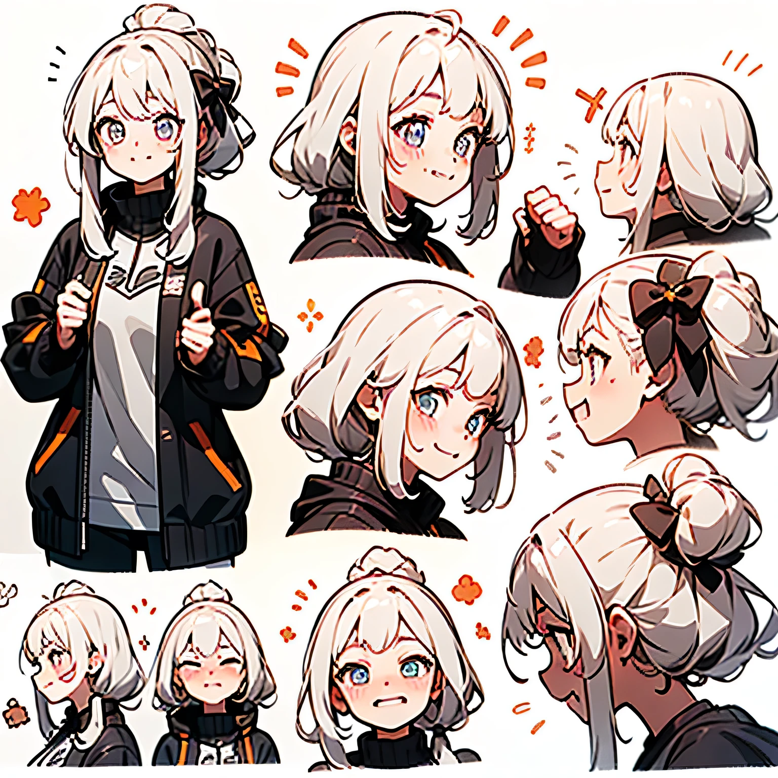 21 years old, Gray hair, Two long hairs, beautiful eyes, (((Smiley Face, Flirting face, Excited face, Shy face))), (((Detailed character list, Front view, side view, Three-quarter view))) (((White background))), A character, Adult women (1), Medium breasts, Delicate face, closeup shot of face,