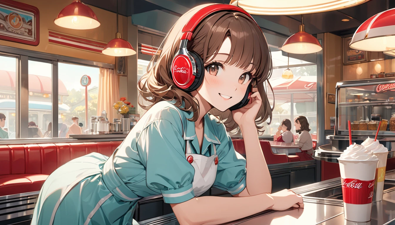 Brown-haired girl wearing headphones、Retro diner highly detailed、masterpiece, Highest quality, Light background：Interior view of a 1950s style diner：Happy smiling costume：Casual diner style pose：Drinking coffee at the counter：Diner with classical music
(Detailed fingers), (Emotional), (Breathtakingly beautiful), (main part:1.2 Whole body), (Anime Style), (Very detailed), (超High resolution, High resolution), (8k), (Complex and beautiful: 1.2)
