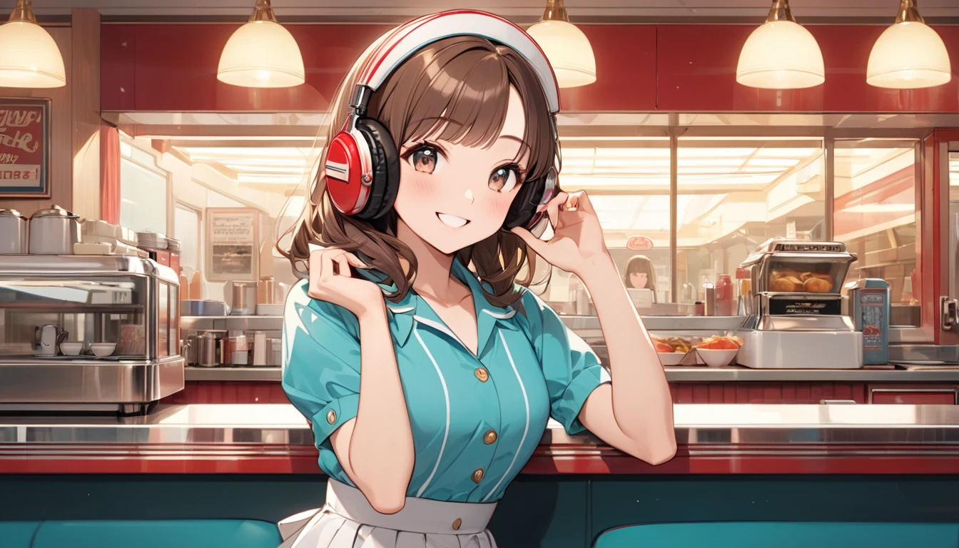 Brown-haired girl wearing headphones、Retro diner highly detailed、masterpiece, Highest quality, Light background：Interior view of a 1950s style diner：Happy smiling costume：Casual diner style pose：Drinking coffee at the counter：Diner with classical music
(Detailed fingers), (Emotional), (Breathtakingly beautiful), (main part:1.2 Whole body), (Anime Style), (Very detailed), (超High resolution, High resolution), (8k), (Complex and beautiful: 1.2)
