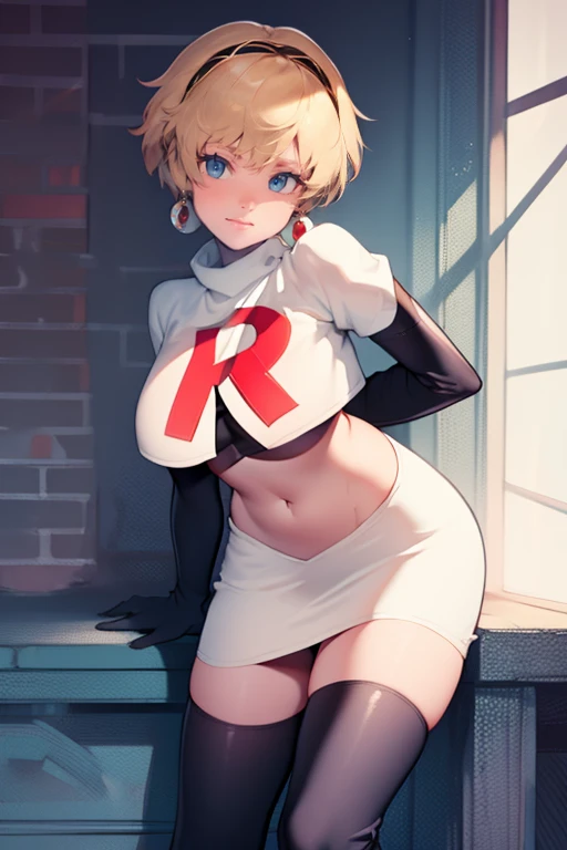 aegis, blonde hair, looking at viewer, team rocket, team rocket uniform, red letter R, white skirt,white crop top,black thigh-high boots, black elbow gloves,  smile, earrings, large breasts, 