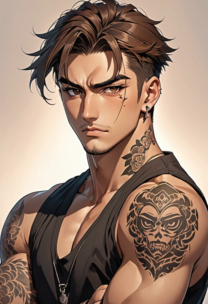 (anime style)tall and well-toned gangster 25 years old man with piercing brown eyes, brown hair and sharp jawline and a rugged appearance, a big scar on his left eyebrow, a tattoo on his arm