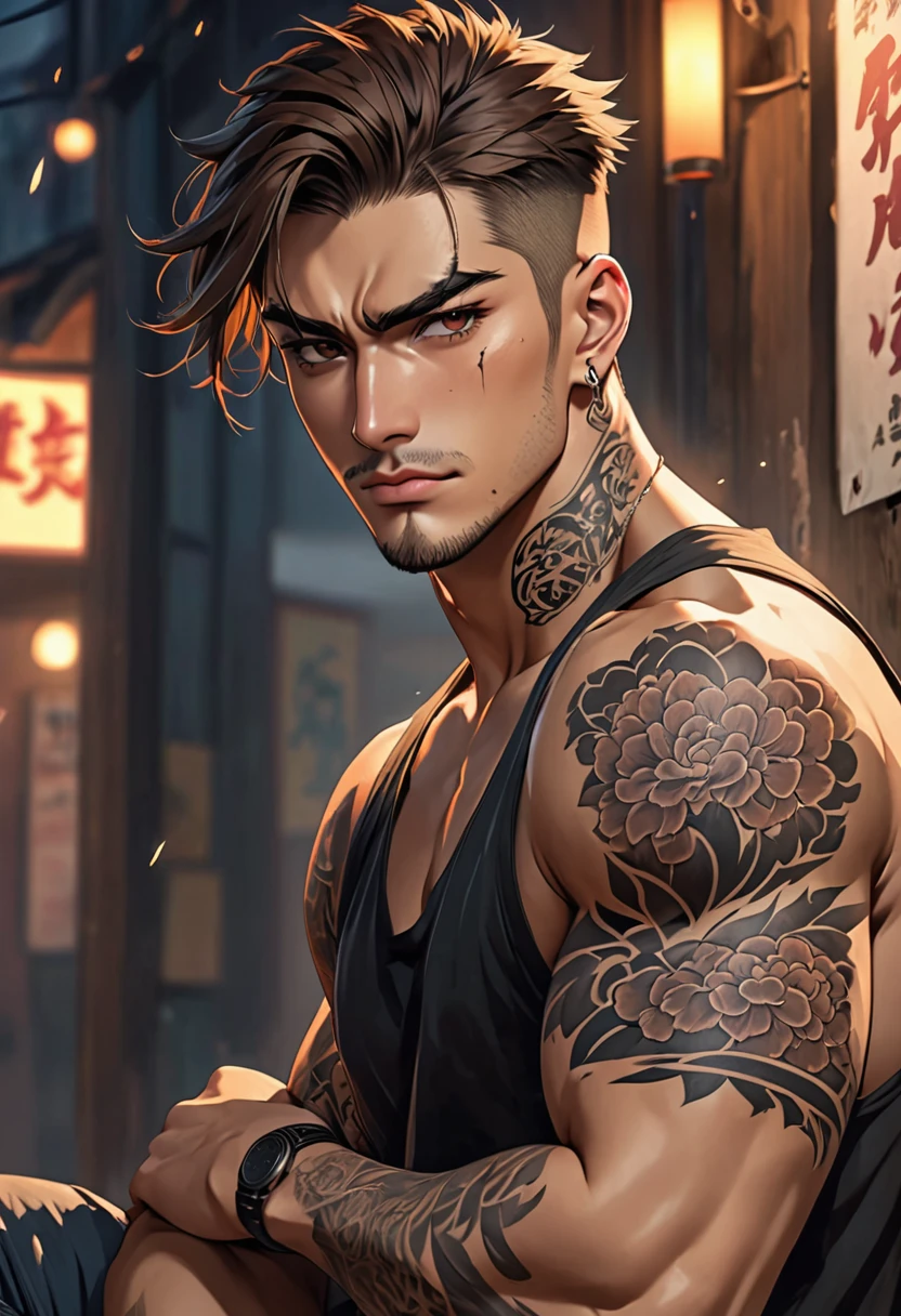 (anime style)tall and well-toned gangster 25 years old man with piercing brown eyes, brown hair and sharp jawline and a rugged appearance, a big scar on his left eyebrow, a tattoo on his arm