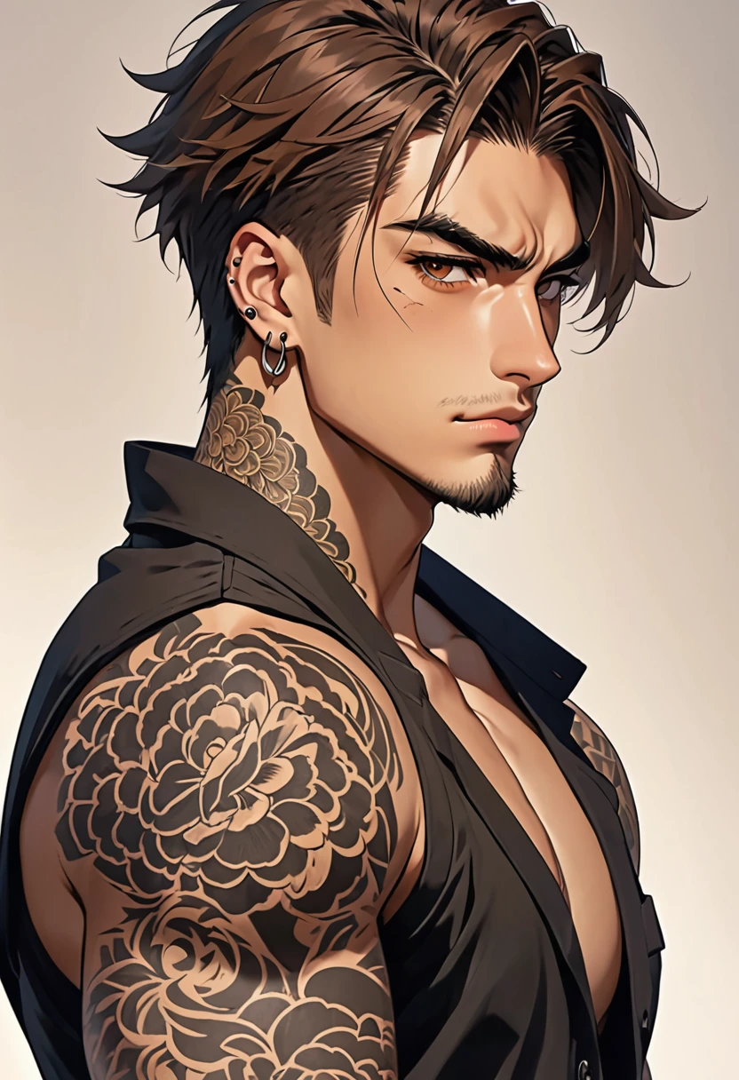 (anime style)tall and well-toned gangster 25 years old man with piercing brown eyes, brown hair and sharp jawline and a rugged appearance, a big scar on his left eyebrow, a tattoo on his arm