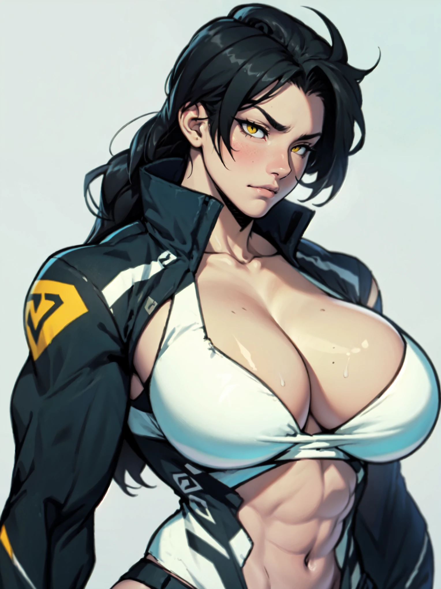 perfect female anatomy muscular girl huge breasts empty eyes embarrassed black hair yellow eyes pale skin perfect female anatomy