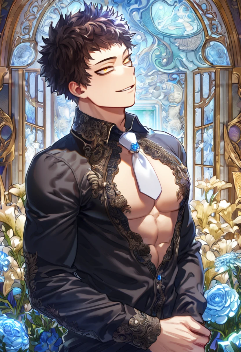 absurdres, highres, ultra detailed, HDR, master piece, Overhaul, dark brown hair, short hair, short bangs, expressive yellow eyes, long eyelashes, black shirt, white necktie, toned chest, Boku No Hero Academia, sexy man, room, handsome, best quality, flowers, fantasy, magical, solo, blue shining fireflies, blue petals, handsome smile, horny, sensual