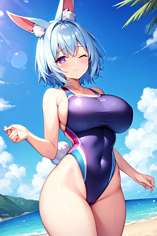 1girl, rabbit ears, animal ear fluff, ((animal ear fluff)), light blue hair, blue hair, very short hair, purple eyes, one eye closed, breasts, wide hips, large breasts, thick thighs, hourglass figure, light smile, one-piece swimsuit, competition swimsuit, bare legs, mature female, beach, blue swimsuit, blue one-piece swimsuit, ((competition swimsuit)), (mature female),