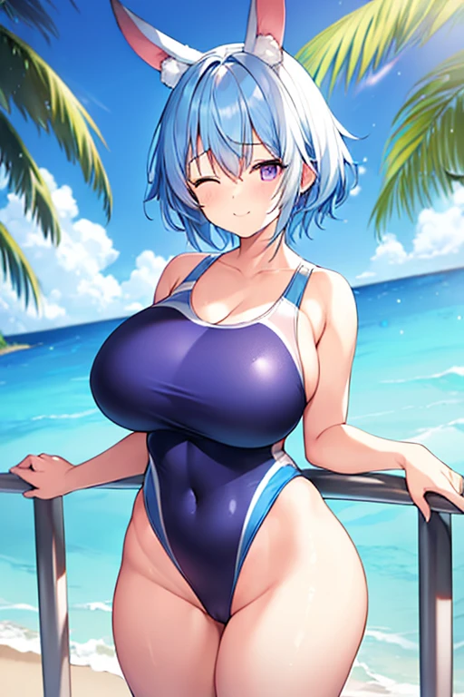 1girl, rabbit ears, animal ear fluff, ((animal ear fluff)), light blue hair, blue hair, very short hair, purple eyes, one eye closed, breasts, wide hips, large breasts, thick thighs, hourglass figure, light smile, one-piece swimsuit, competition swimsuit, bare legs, mature female, beach, blue swimsuit, blue one-piece swimsuit, ((competition swimsuit)), (mature female),