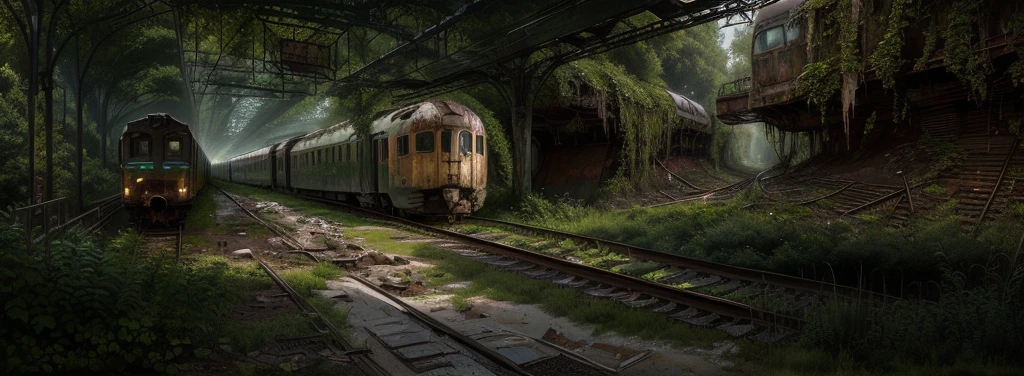 There is a train running under a bridge in the woods, abandoned railroad, an abandoned rusted train, abandoned railroads, Overgrown environment, Overgrown place, Post-apocalyptic atmosphere, an Overgrown, Overgrown, vegetation inspiration, Overgrown city, abandoned, Realistic dark concept art, dieselpunk train station, post apocalyptic scene, Post-End Day Setting