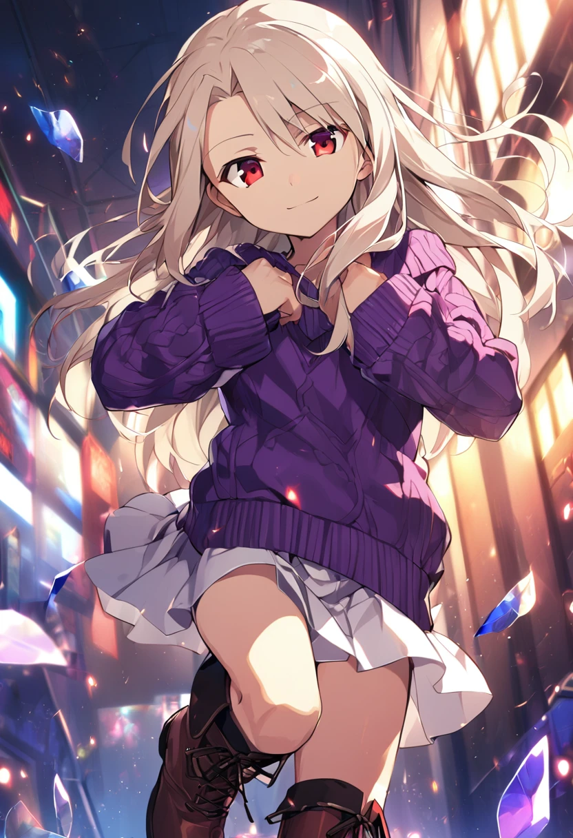 1girl(fate stay night, Illyasviel von Einzbern, cool, white long hair, red eyes, purple sweater, white skirt, leather boots, free hands, light smile)
