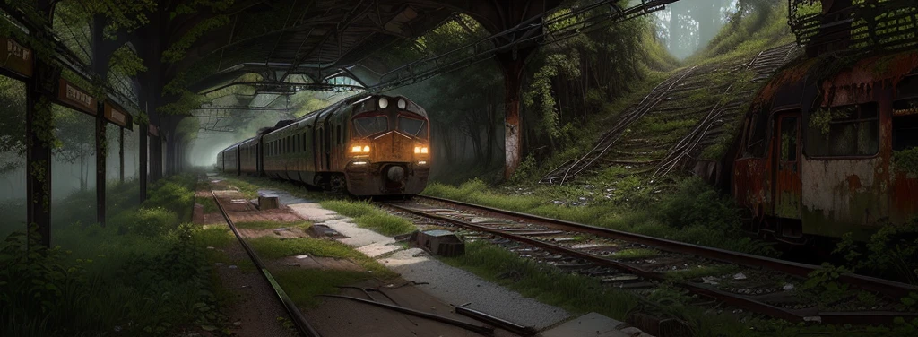 There is a train running under a bridge in the woods, abandoned railroad, an abandoned rusted train, abandoned railroads, Overgrown environment, Overgrown place, Post-apocalyptic atmosphere, an Overgrown, Overgrown, vegetation inspiration, Overgrown city, abandoned, Realistic dark concept art, dieselpunk train station, post apocalyptic scene, Post-End Day Setting