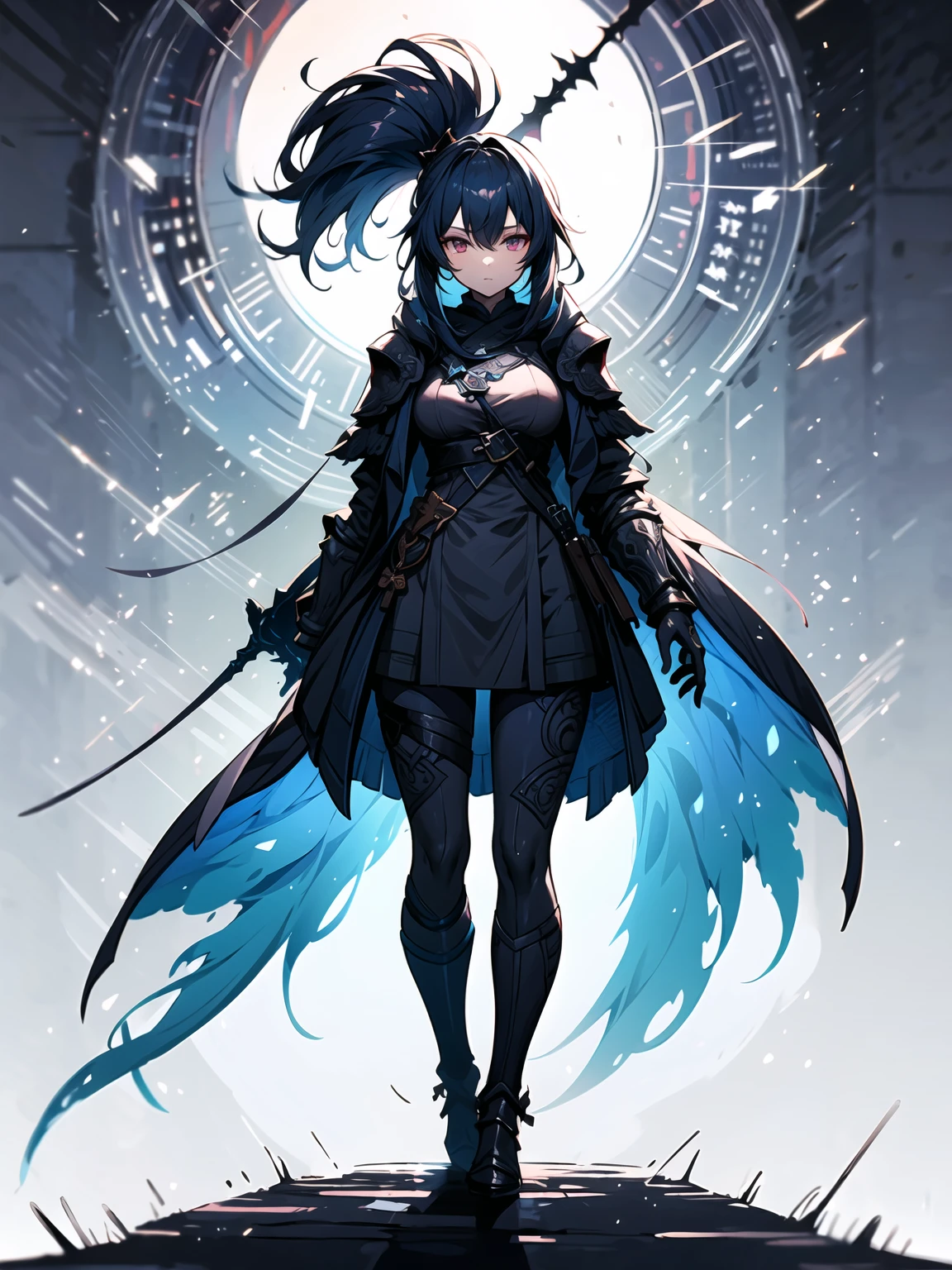(((masterpiece, best quality, high detailed, 16k))) (1goddess) A formidable thunder goddess with a commanding presence, her eyes crackling with electric energy. She has a lithe, muscular build and long, flowing hair that seems to shimmer with lightning. She wears ornate armor in shades of stormy gray and electric blue, intricately designed with lightning motifs and glowing runes. In her hands, she wields a massive, intricately detailed warhammer that crackles with thunderous energy. Her stance is powerful, with dark storm clouds swirling around her and bolts of lightning illuminating the scene. ((full body view))