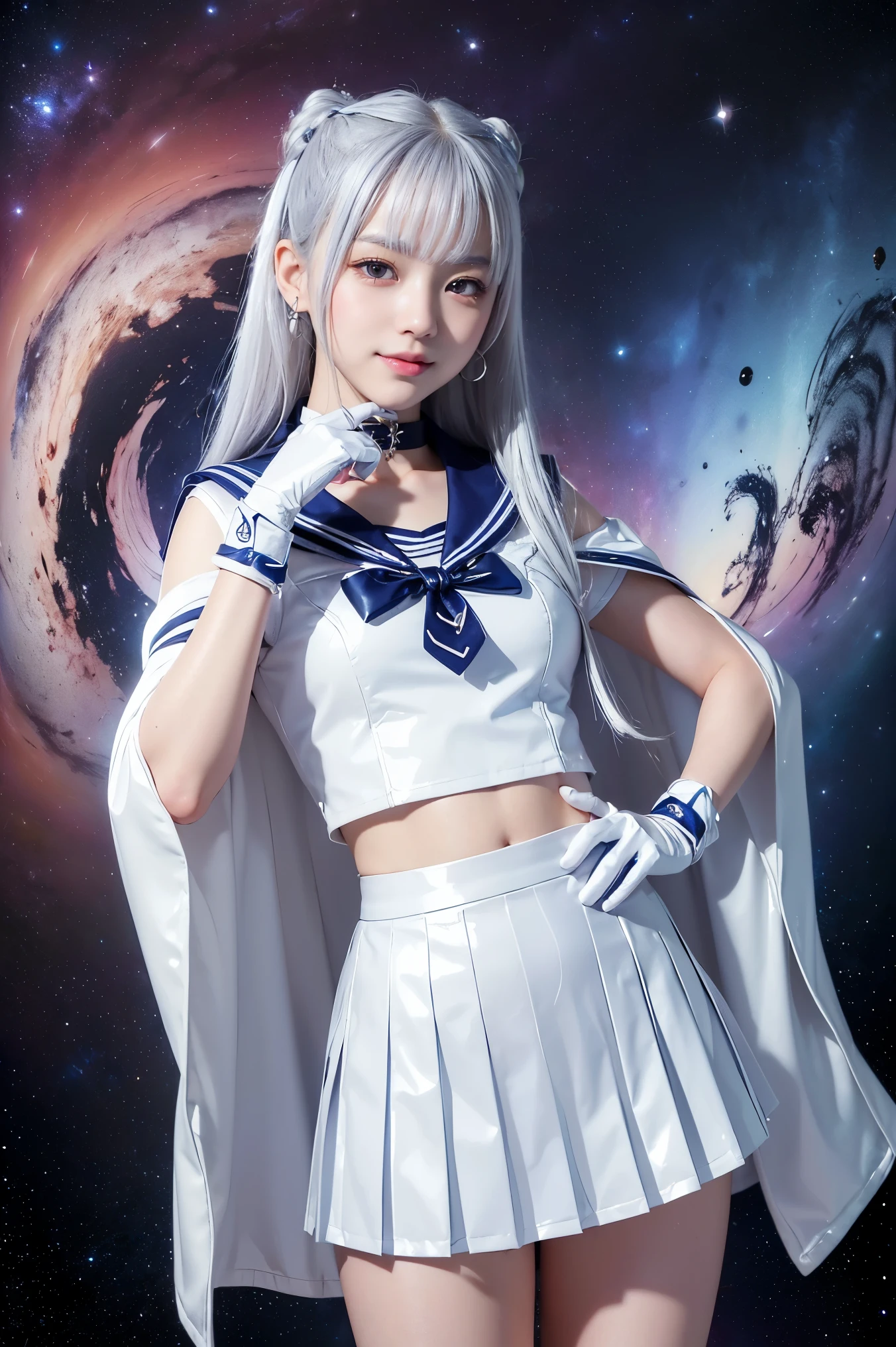 (((Silver colored hair)))、(((A 14-year-old Japanese girl wearing a shiny short-sleeved sailor uniform with elbow gloves and a cloak over it.,smile)))、(((Silver White Latex Sailor Collar)))、(((Silver White Latex Pleated Skirt)))、choker、Earrings、ribbon、((belly button))、 (((Sailor Warrior Uniforms)))、、Beautiful ornaments: 美しいPerfect Face, Soft Skin、Perfect Face, Intricate details, Splash screen, 8k resolution, masterpiece, Cute Face、(((Space Background)))、Queen of Queenasterpiece, Highest quality, Highest quality, Official Art, Beauty and aesthetics: 1.2), (One girl: 1.3)