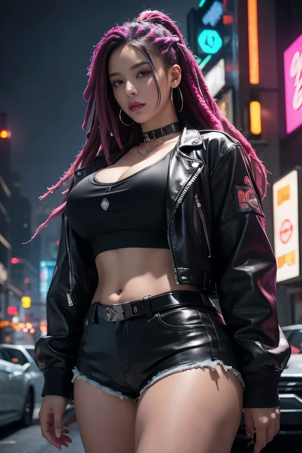 a beautiful cyberpunk girl with colorful dreadlocks hair, wearing a crop top, leather jacket, with a plump curvy body, perfect abs, shorts, big thighs, black choker and necklace, in a night city, intricate detailed, hyper realistic, cinematic lighting, 8k, photorealistic, elegant, futuristic, neon lights, cyberpunk, science fiction, dark fantasy
