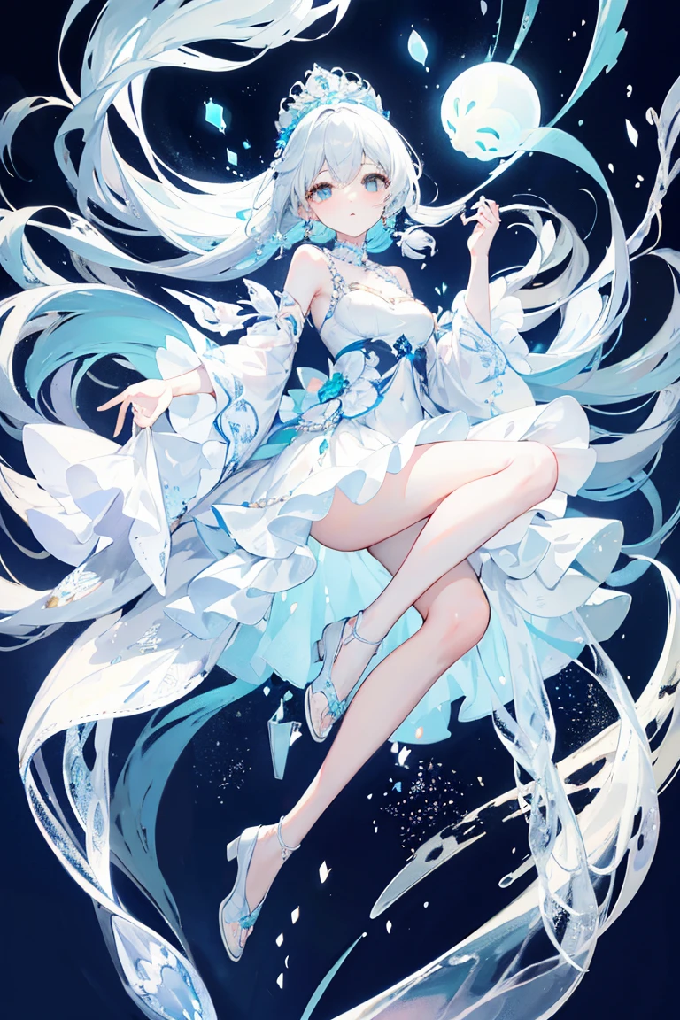 elegant,Holding a folding fan,fullbody,(Soft colors), (muted colors), (high quality render), light blue moon jellyfish personified, dainty, pearls, white color theme, ((illustration))
