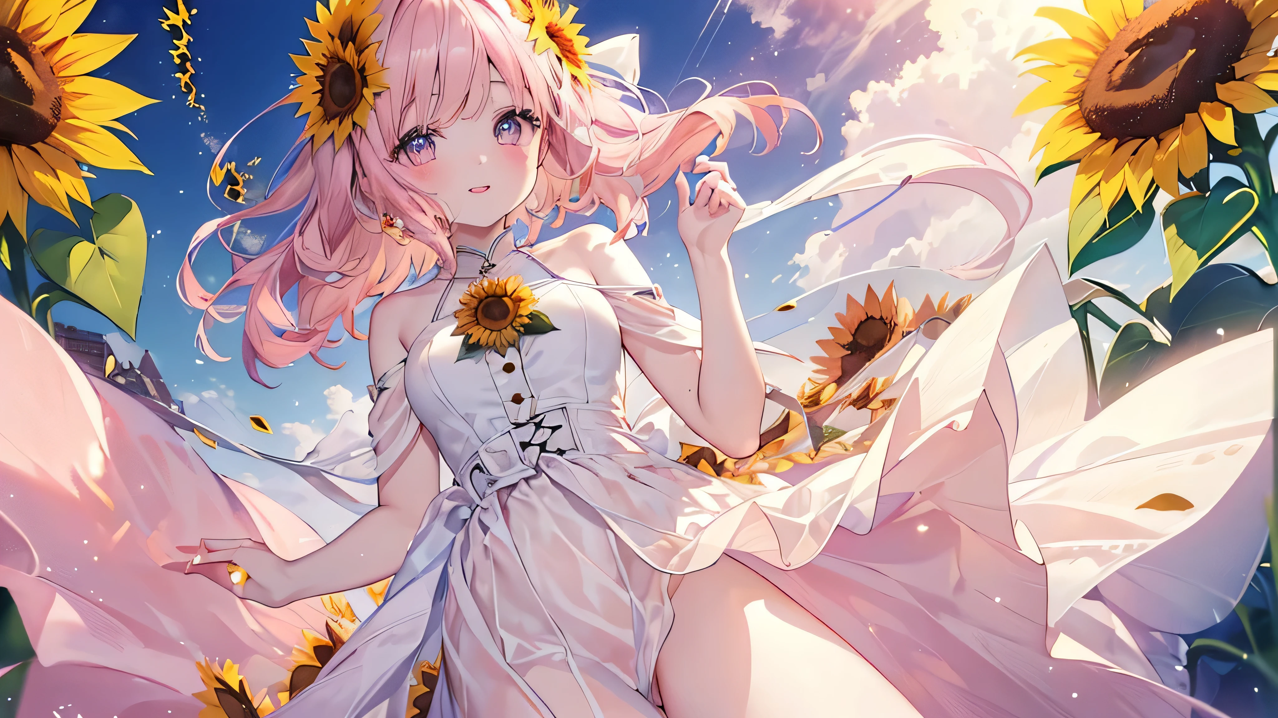 (sunflower), ((Beautiful eyes,Highest qualityの目)), (((The best smile,)), (((Highest quality、masterpiece、Ultra-fine、Ultra-fine、Exquisite、16K、Full HD,high school girl))) 、Long eyelashes、White skin、(thin and long)、 ((cute)) ((One person), (epic proportion,sunflower)、(Pale pink lips、Pale pink cheeks、thin and long)、Dynamic lighting,