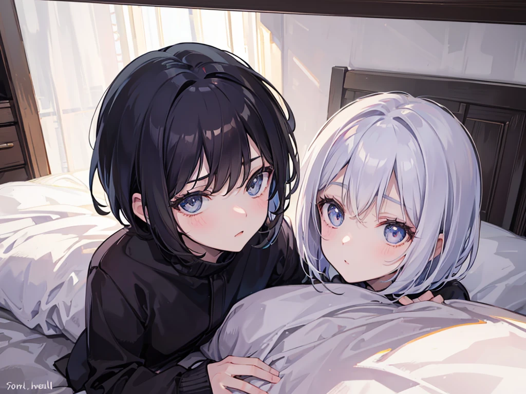((sister and brother)),A woman with big ,A boy with short hair,and sit on the bed,(nsfw:0.8),