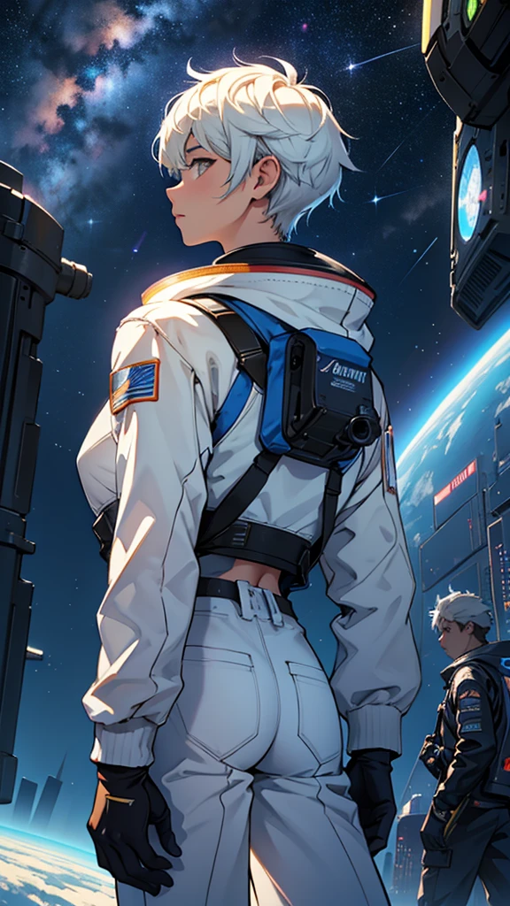a girl and a boy in astronaut suits without helmets, boarding a spaceship, the boy is taller than the girl, big and futuristic spaceship, futuristic city, space station rear view、The city is illuminated with streetlights, of the highest quality、animated landscape、Xin Haichen、building、field、Milky Way 110207,(zoom out:1.1),(meteor:1.2)、(comet:1.ur name、low angle、from behind、ALLOWED、of the highest quality、masterpiece、cloud、showy、starry sky、performer、