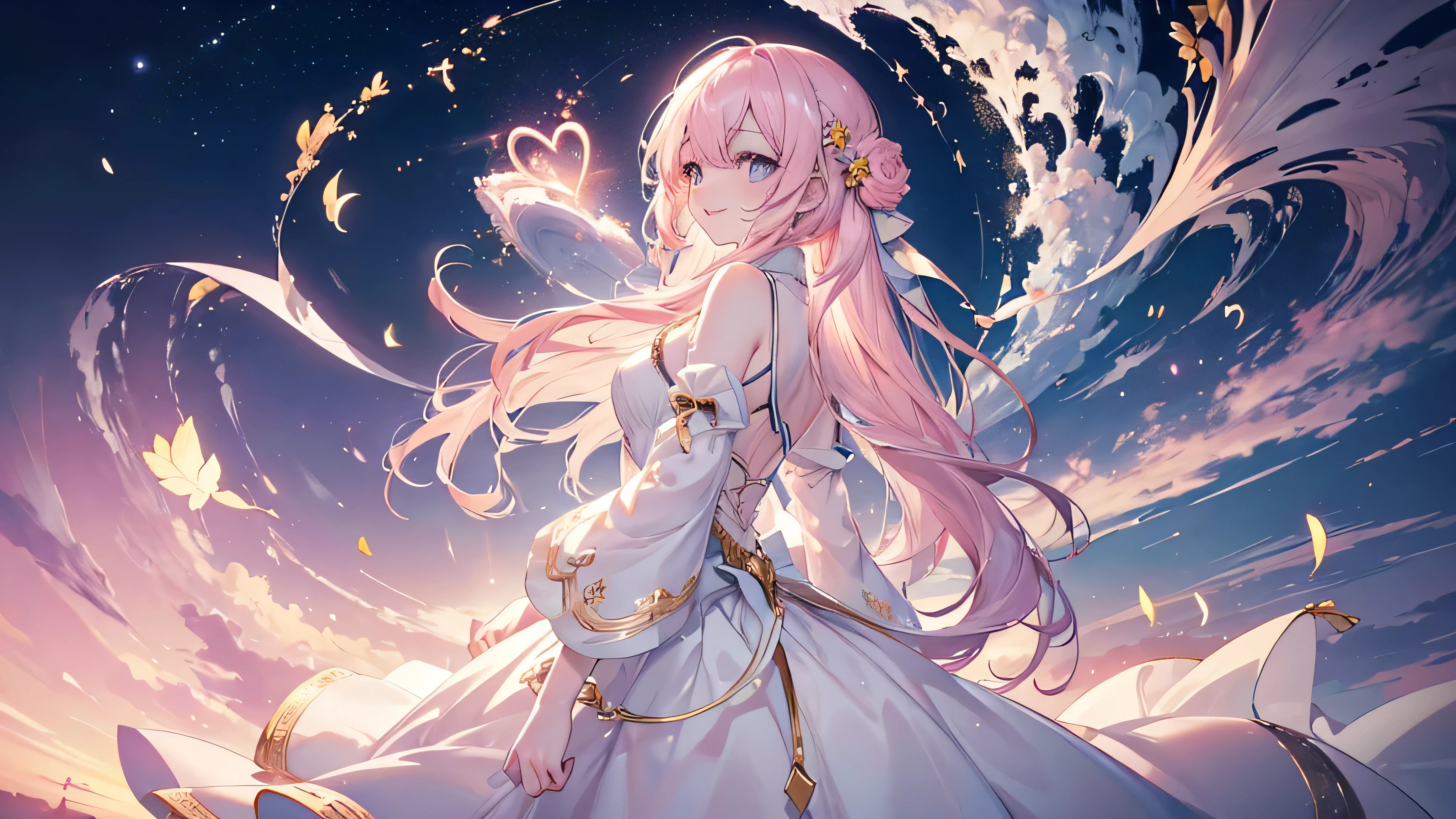 ((sunflower)), ((Beautiful eyes,Highest qualityの目)), (((The best smile,profile,))), (((Highest quality、masterpiece、Ultra-fine、Ultra-fine、Exquisite、16K、Full HD,high school girl))) 、Long eyelashes、White skin、(thin and long)、 ((cute)) ((One person)),(epic proportion)、(Pale pink lips、Pale pink cheeks、thin and long)、Dynamic lighting,(Even at dusk, the same figure, the heart that pursues the sun)