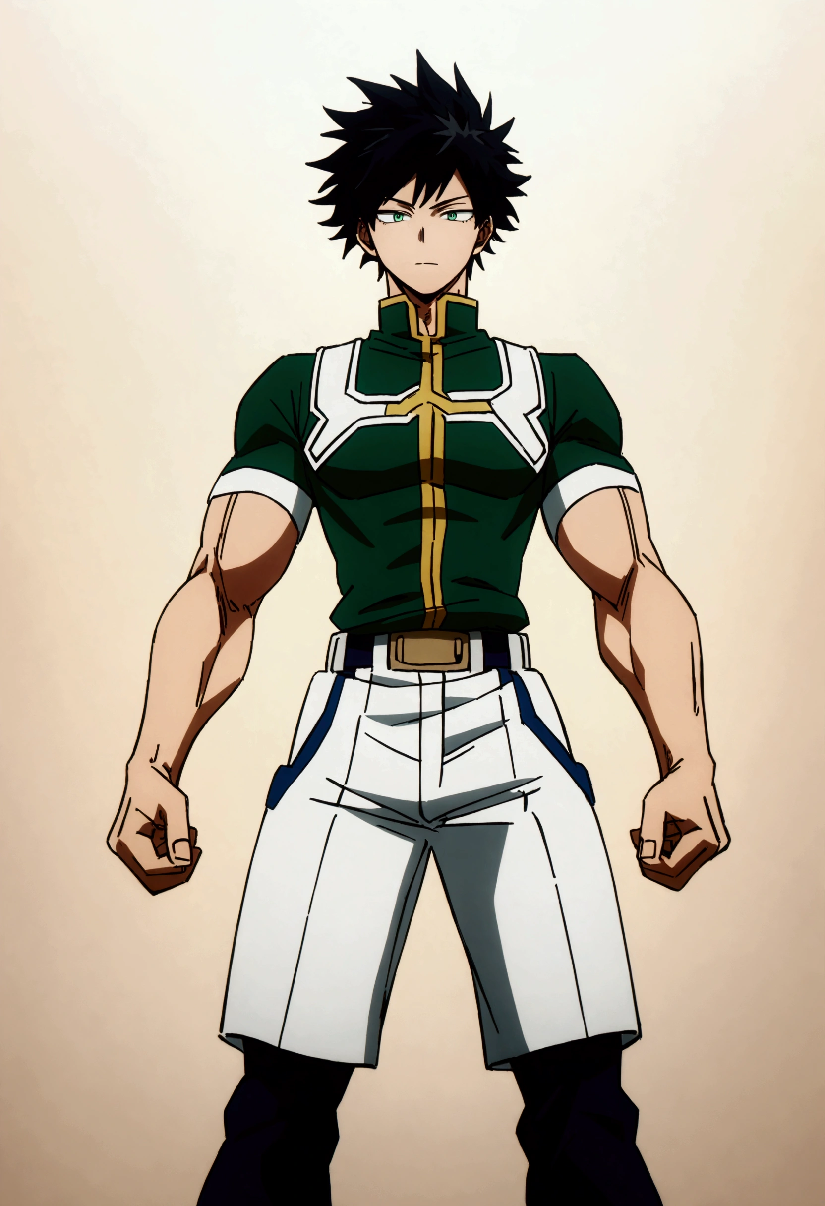 He is a 17 year old teenager, (showing the whole body), (from head to toe), He has slightly disheveled very black hair..., somewhat light green eyes, , muscular body , anime art slyle my hero academy , sexy face, He is dressed in the anime male uniform "my hero academia",  , 8k, high quality, masterpiece, , cinematic, vivid colors, shining green eyes 