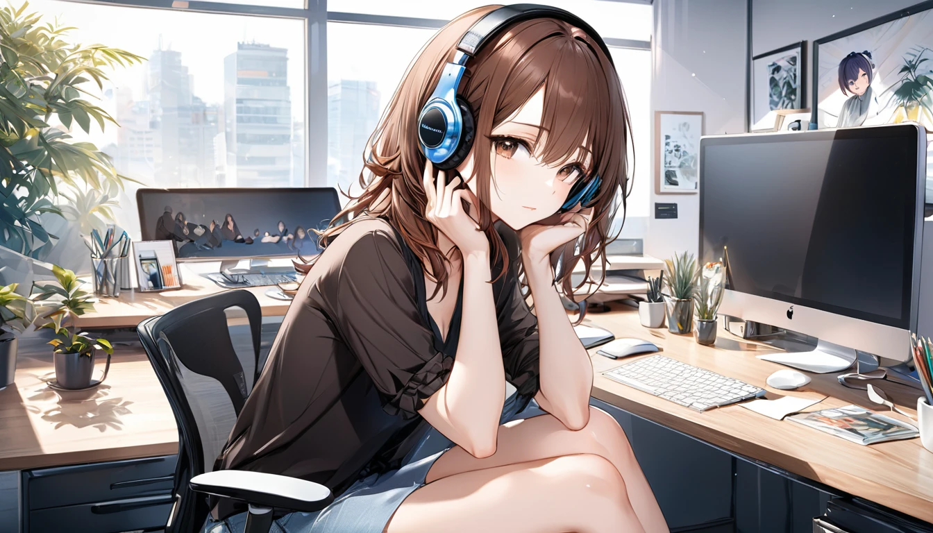 Brown-haired girl wearing headphones、Coworking space very detailed、masterpiece, Highest quality, Light background：Modern coworking space look：Costumes being worked on with concentration：Casual office style pose：Sitting at a desk：A quiet space where you can concentrate
(Detailed fingers), (Emotional), (Breathtakingly beautiful), (main part:1.2 Whole body), (Anime Style), (Very detailed), (超High resolution, High resolution), (8k), (Complex and beautiful: 1.2)
