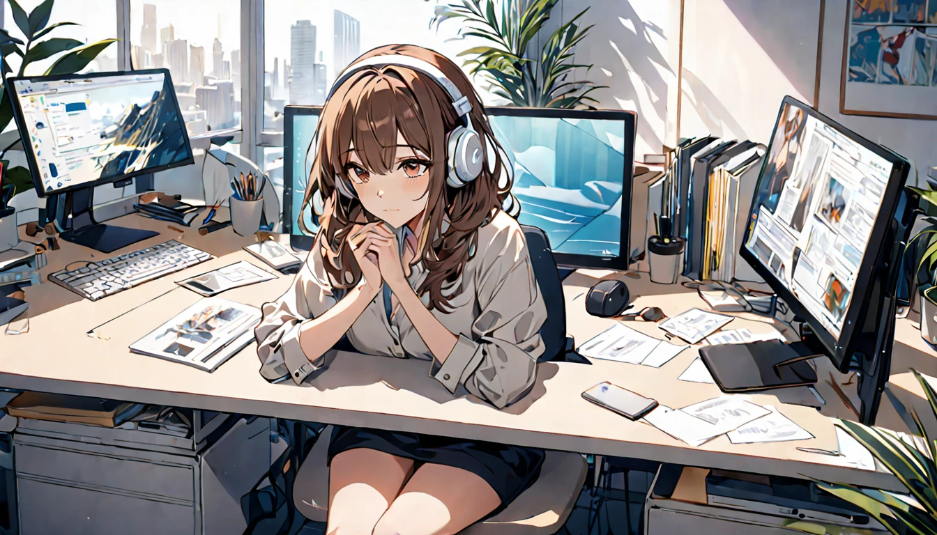 Brown-haired girl wearing headphones、Coworking space very detailed、masterpiece, Highest quality, Light background:Modern coworking space look:Costumes being worked on with concentration:Casual office style pose:Sitting at a desk:A quiet space where you can concentrate
(Detailed fingers), (Emotional), (Breathtakingly beautiful), (main part:1.2 Whole body), (Anime Style), (Very detailed), (超High resolution, High resolution), (8k), (Complex and beautiful: 1.2)