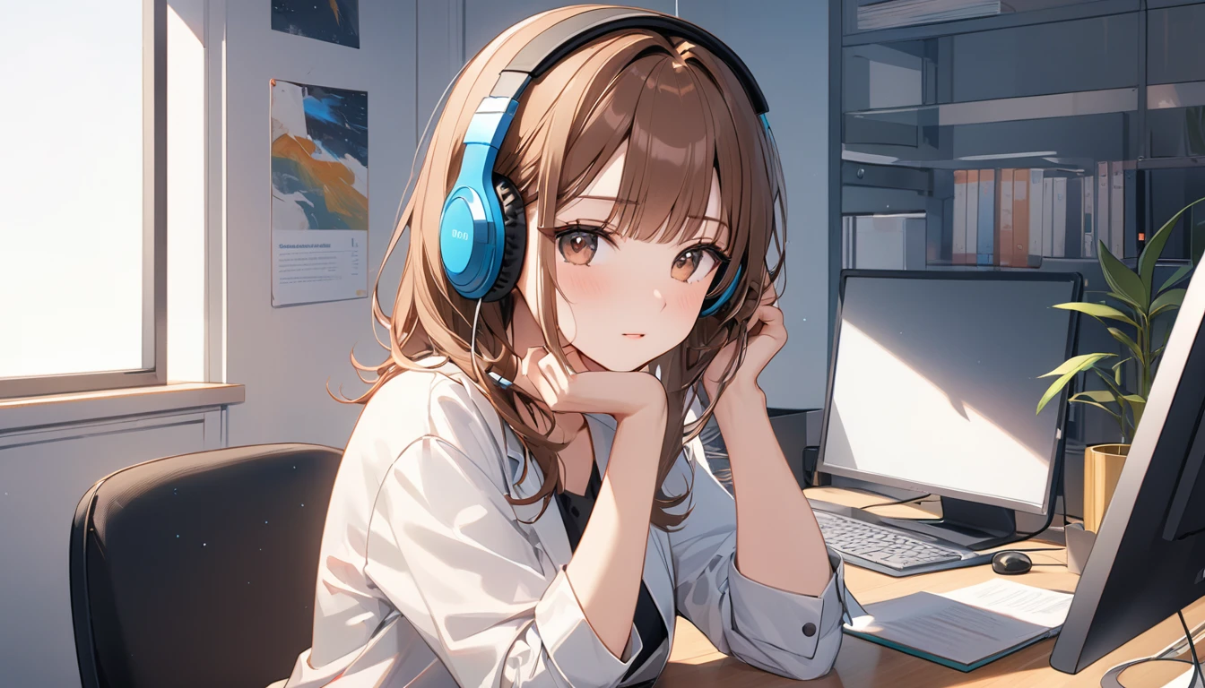 Brown-haired girl wearing headphones、Coworking space very detailed、masterpiece, Highest quality, Light background:Modern coworking space look:Costumes being worked on with concentration:Casual office style pose:Sitting at a desk:A quiet space where you can concentrate
(Detailed fingers), (Emotional), (Breathtakingly beautiful), (main part:1.2 Whole body), (Anime Style), (Very detailed), (超High resolution, High resolution), (8k), (Complex and beautiful: 1.2)