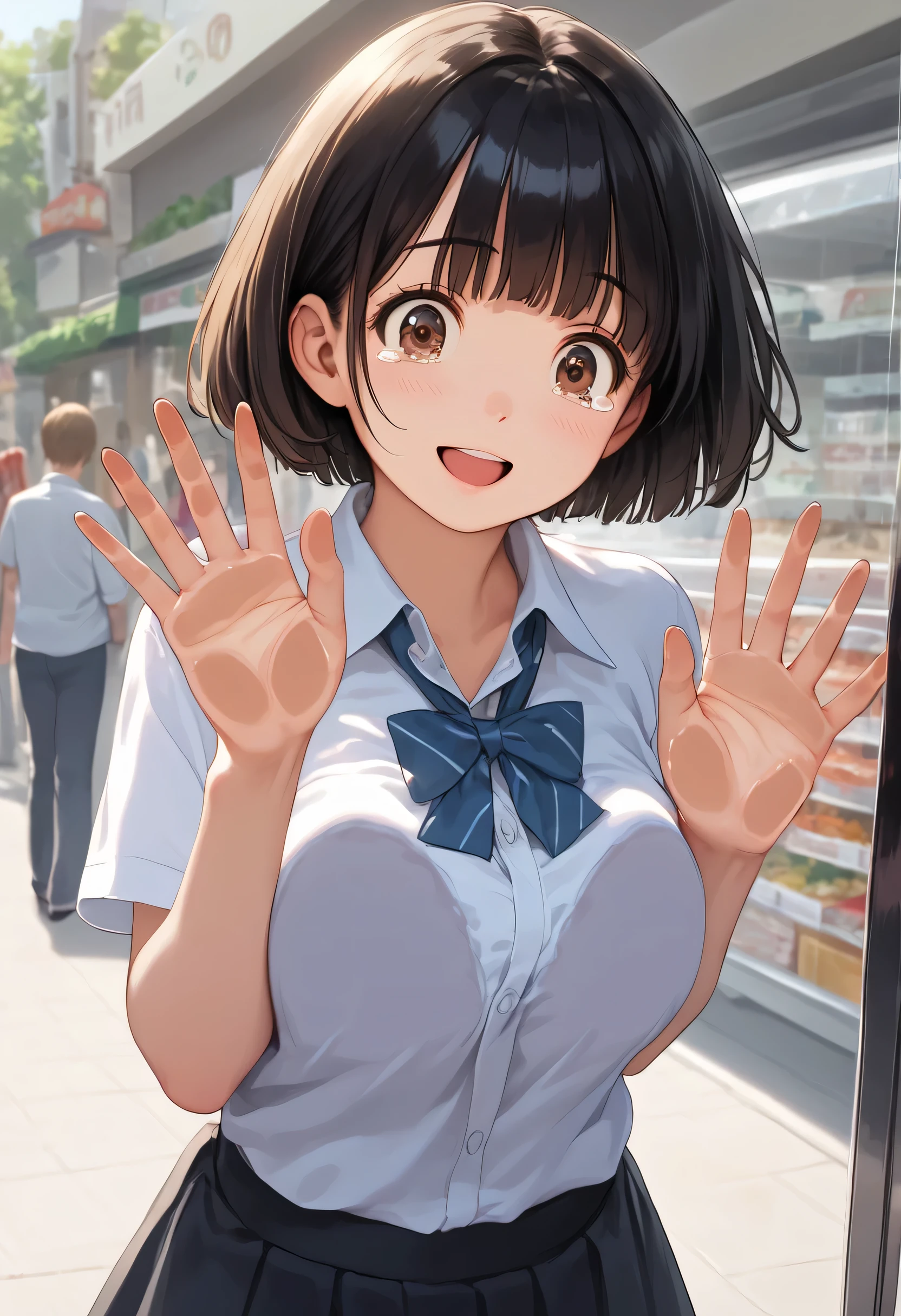 score_9,score_8_up,score_7_up,masterpiece,best quality, source anime, realistic, super detailed, extreme detailed, rating_safe,
1girl, standing, hands on glass, upper body,  
BREAK girl, 22yo, short hair, bob cut, (blunt bangs), black hair, (tareme, detailed cute brown eyes), curled eyelashes, (large breasts:0.9),
shiny hair, beautiful detailed eyes, beautiful face,
white collared shirt, black tight mini skirt, 
surprised eyes, open mouth, tears, frown, happy, smile,
outdoors, street, window-shopping,