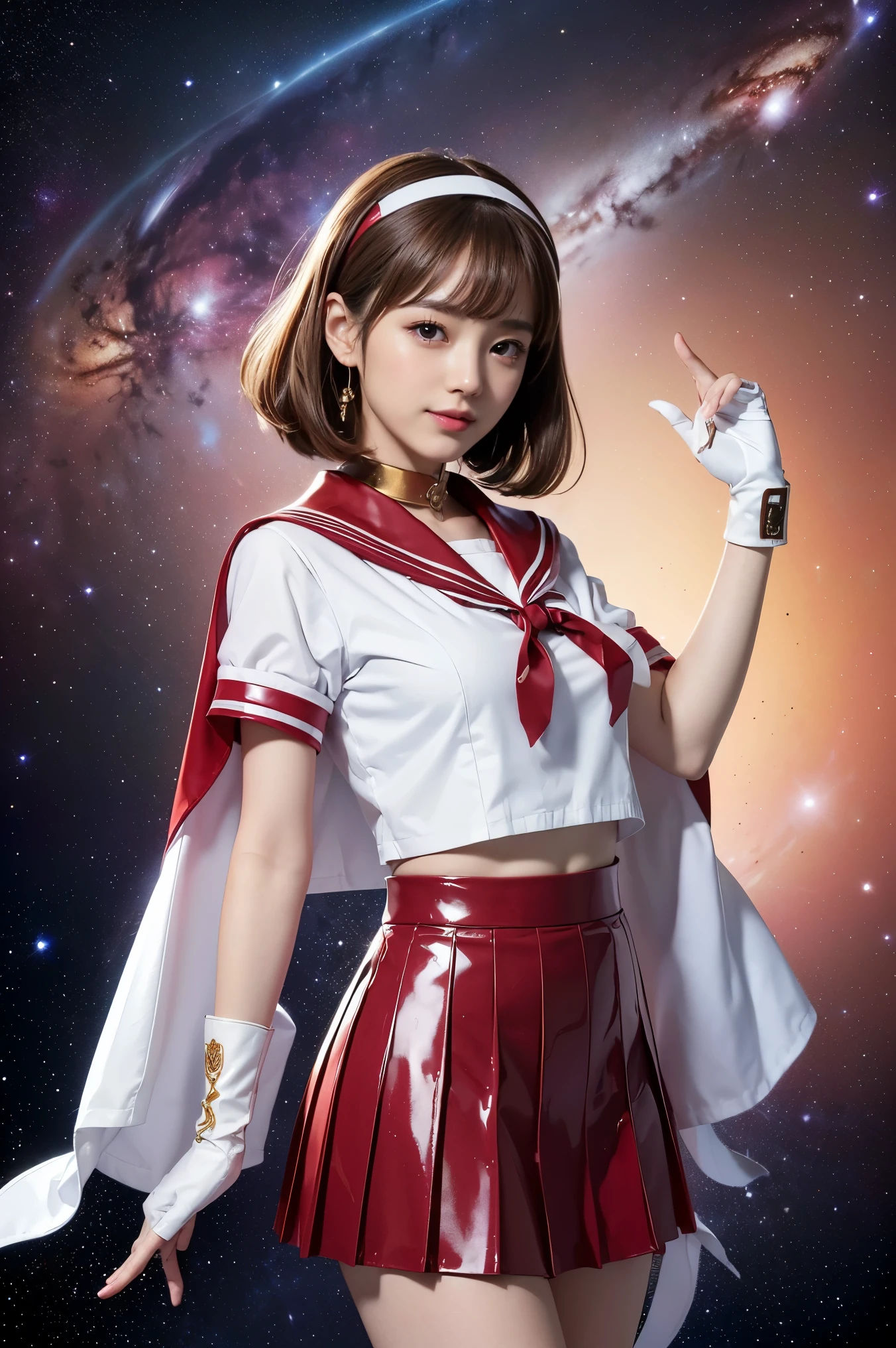 (((Brown medium bob hair with a headband)))、(((A 14-year-old Japanese girl wearing a shiny red short-sleeved sailor uniform with elbow gloves and a cloak over it.,smile)))、(((Red latex sailor collar)))、(((Red latex pleated skirt)))、choker、Earrings、ribbon、((belly button))、 (((Sailor Warrior Uniforms)))、、Beautiful ornaments: 美しいPerfect Face, Soft Skin、Perfect Face, Intricate details, Splash screen, 8k resolution, masterpiece, Cute Face、(((Space Background)))、Queen of Queenasterpiece, Highest quality, Highest quality, Official Art, Beauty and aesthetics: 1.2), (One girl: 1.3)
