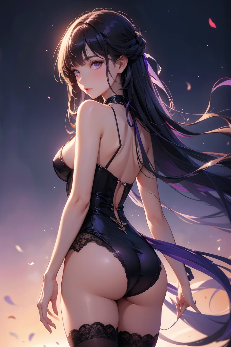 shoulder to shoulder dresser, best qualityer, high resolution, 1 girl, Super high resolution, standing alone, Stockings, purples eyes, , long hair, bangss,necklase, completamente new, new, beautiful ass