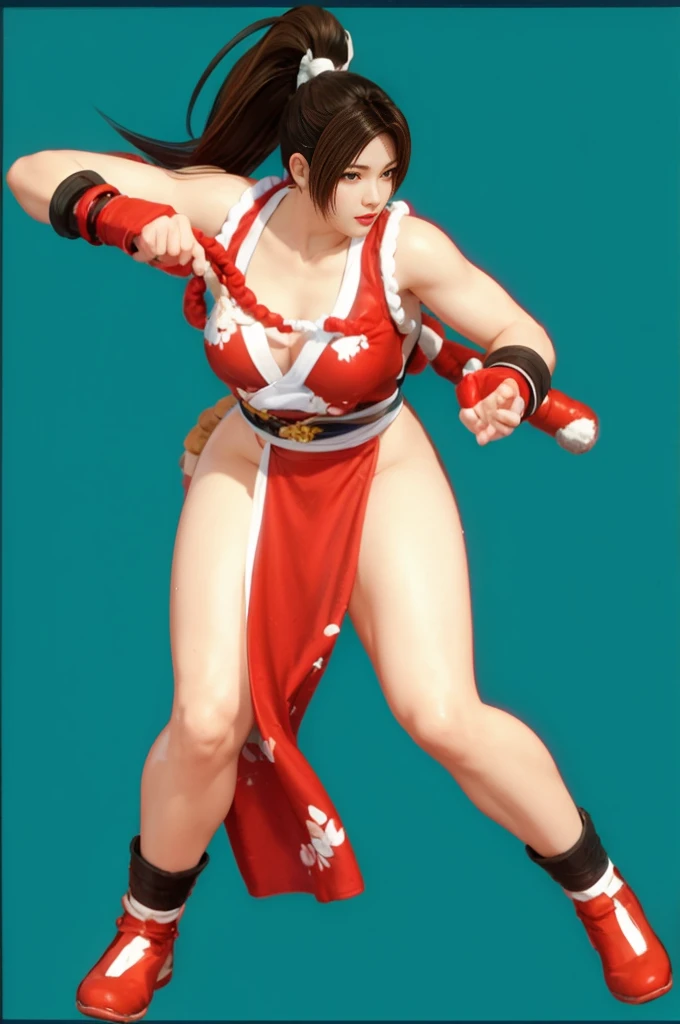 Mai Shiranui, (best quality,Ultra-detailed),(realistic:1.37), beautiful and detailed face, ultra-realistic texture, delicate face, athletic body, vivid colors. high definition, 8K, wearing red lipstick, rosy cheeks.