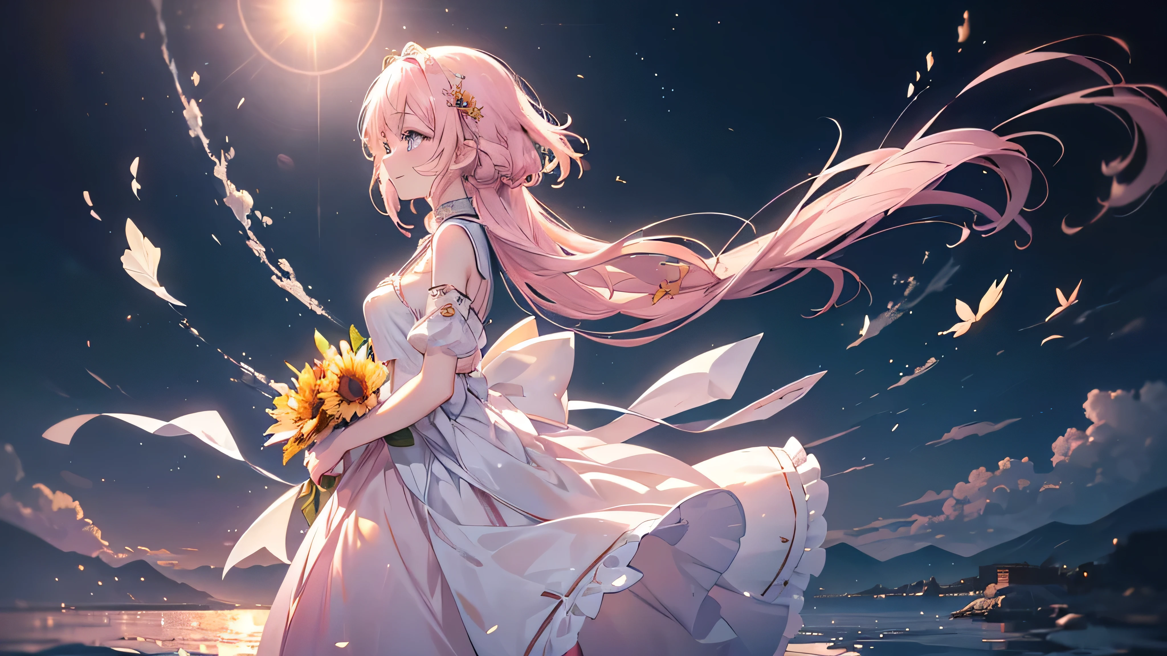 （（sunflower)）, ((Beautiful eyes,Highest qualityの目)), (((The best smile,profile,))), (((Highest quality、masterpiece、Ultra-fine、Ultra-fine、Exquisite、16K、Full HD,high school girl))) 、Long eyelashes、White skin、(thin and long)、 ((cute)) ((One person)),(epic proportion)、(Pale pink lips、Pale pink cheeks、thin and long)、Dynamic lighting,（Even at dusk, the same figure, the heart that pursues the sun）