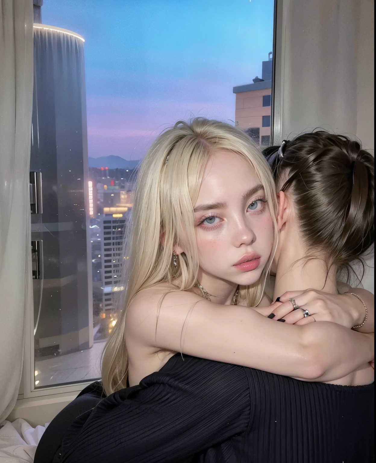 blonde woman with long hair and piercings posing for a photo, with black long hair, with long black hair, perfect white haired girl, ava max, tifa lockhart with black hair, pale porcelain white skin, anime girl in real life, with black hair, extremely black hair, very black hair, with long black hair, her hair is black